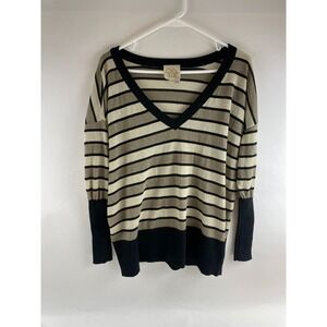 Chaser Brand Sweater Women's Size Medium Gold Metallic V-neck Striped Long Slv